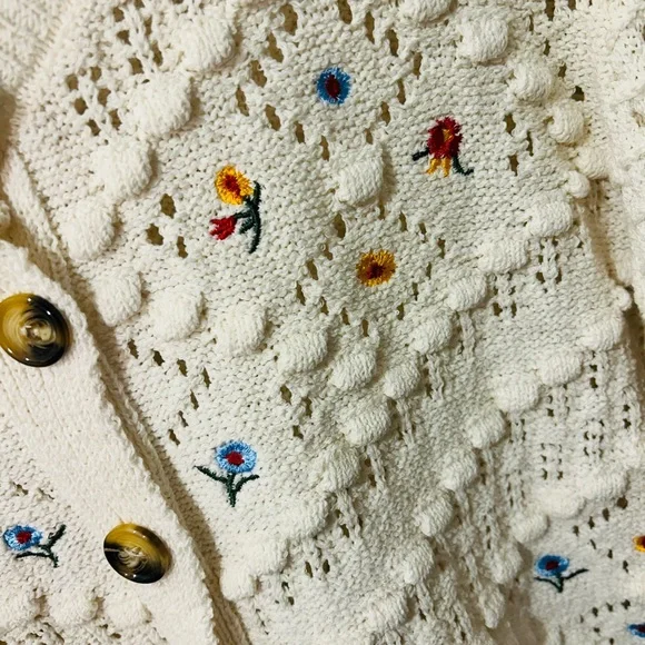 Vintage Inspired Classic Woman's Cream Embroidered Openwork Knit Cardigan - Picture 4 of 9